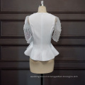 Summer Short Sleeve Ruffle Peplum Tops Mesh Beading White Women Blouses